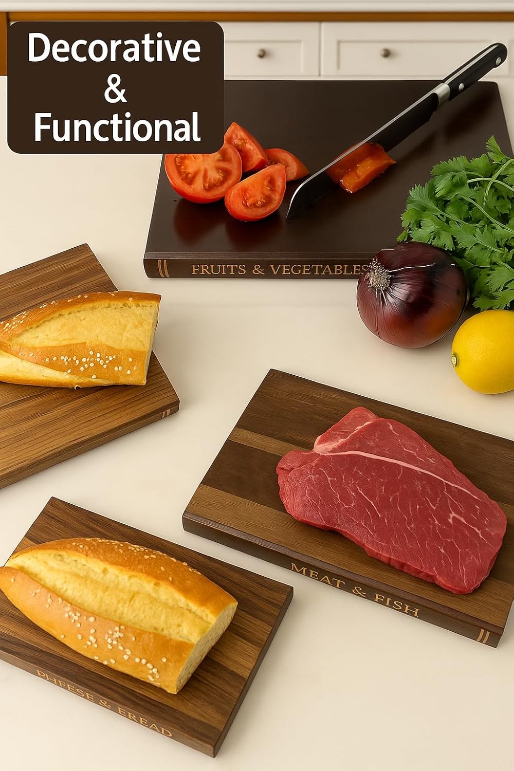 Bookshelf Cutting Board Set - Solid Acacia Wood - Stand Included