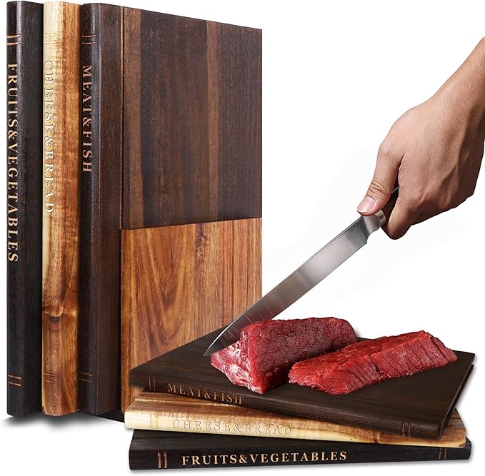 Bookshelf Cutting Board Set - Solid Acacia Wood - Stand Included